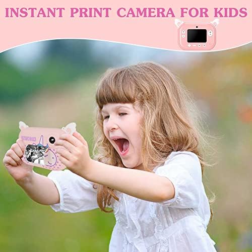 Câmera de câmera infantil Imprimir câmera digital para meninas Presentes de aniversário de Natal, câmera instantânea rosa para crianças crianças, câmera de brinquedo de fotografias com tinta zero, 12 rolos de papel de recarga, 32g de cartão SD