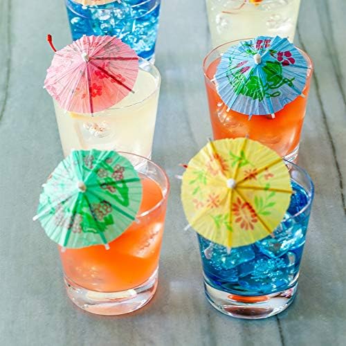Picks de coquetel de guarda -chuva de 4 polegadas, 1000 cores variadas de papel para bebidas - impressão descartável, tropical, 7 cores