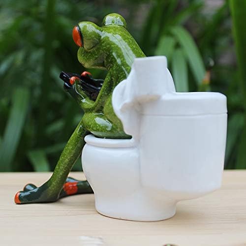 Keyum 3d Creative Frog Figure Decor, Texting de estátua de sapo verde no banheiro, resina animal caneta portador engraçado decoração