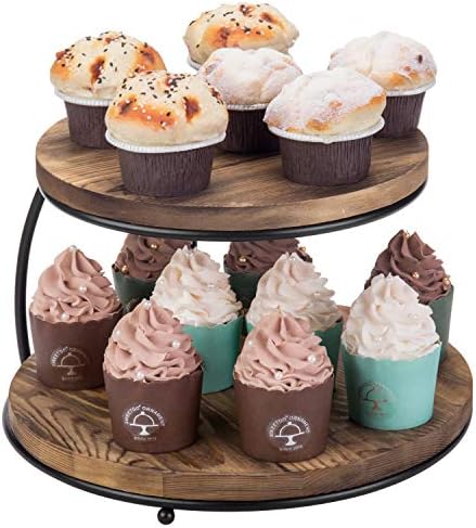 MyGift Burnt Burnt Wood Cupcake Stand com moldura de metal preto, bandeja de servir de sobremesa de aperitivo