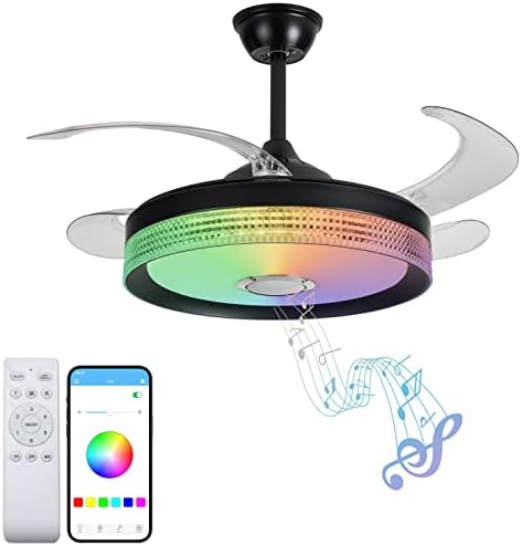 Ventilador de teto retrátil LTOF de 42 polegadas com luzes, ventilador de teto Bluetooth de RGB Alteração de cor, 6 velocidades