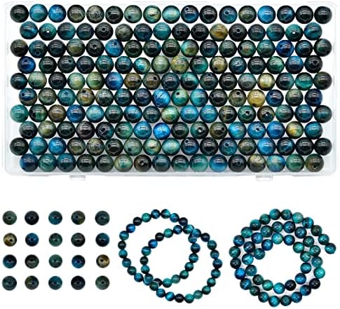 KOTHER 135pcs 8mm Nature Aquamarine Tigre Eye Beads redonda Gemtone Loose Minchas, Mertes de Pedra para Kits de Bracelets Fazendo