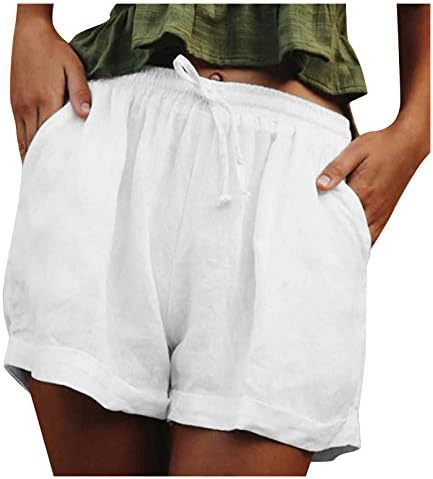 Shorts bermudas de linho de algodão para mulheres elásticas de cintura alta colorida de cor sólida shorts casuais suor de verão com bolsos