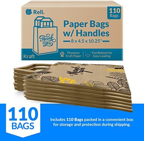 Reli. Sacos de papel | 110 PCs a granel | 8 X4.5 x10.25 | Papel Thank You Bags | Bolsas de papel marrom com alças, impressas