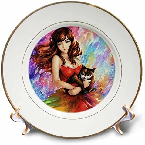 3drose ruiva mulher em vestido colorido abraça seu gato. Presente colorido, charme - placas