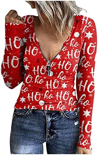 Huankd feminino Tops Casual Pullover Casual Zipper em zíper impresso Tops de moda de manga longa de manga longa de Natal