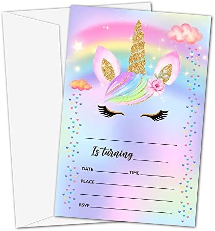 GOXZYN MAGICAL Unicorn Birthday Invitation, Rainbow Cloud Unicorn Invitation Cards for Kids, 20 convites de preenchimento com