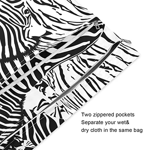 Zebras saco seco molhado saco de fraldas reutilizáveis ​​para roupas de banho organizador molhado à prova d'água com dois bolsos