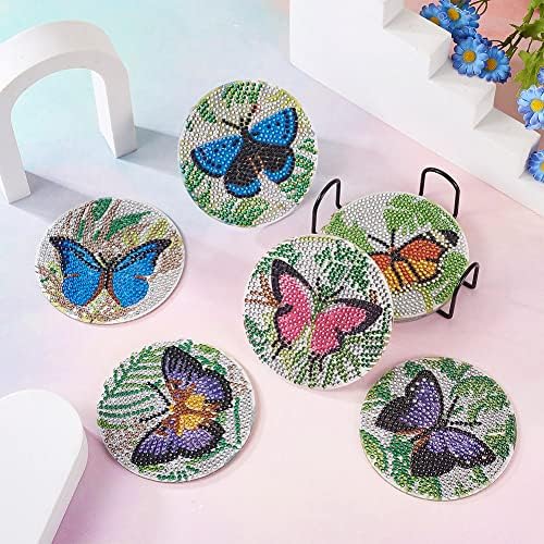 Sparkads 8pcs Butterfly Diamond Painting Coasters com suporte para xícaras de copos Kits de arte de diamante para adultos iniciantes