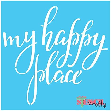 Estêncil - My Happy Place Modelo de caligrafia Diy Cozy Best Vinyl Grandes estênceis para pintar em madeira, tela, parede, etc. -Multipack | Material de cor azul brilhante