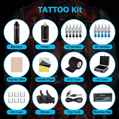 Kit de máquina de tatuagem profissional - Emalla completa sem fio Kit de tatuagem Tattoo Power Supply 40pcs Cartides Aunchas Copas de tinta Copo de peles Falsas Skins Acessório para artistas e iniciantes