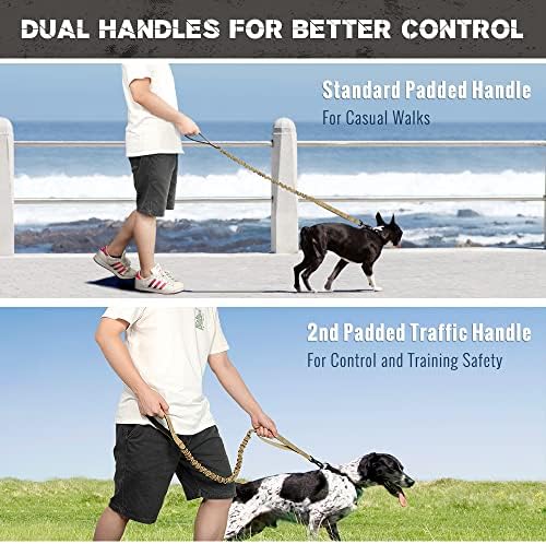 Plutus Pet Tactical Dog Leash com fecho de carabiner, nylon reflexivo com 2 alças acolchoadas, bungee cão coleira para raça
