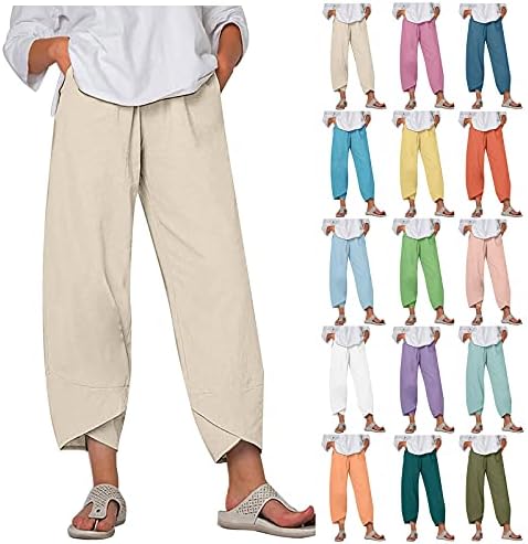Calças Leirke Capri para mulheres calças de linho de algodão casual de verão soltas cintura elástica Cappris calças de perna larga