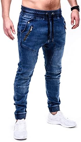 Jeans de jeans de jeans de cordão solto de lixo masculino com calças elásticas com bolsos descontraídos de corredores atléticos ajustados