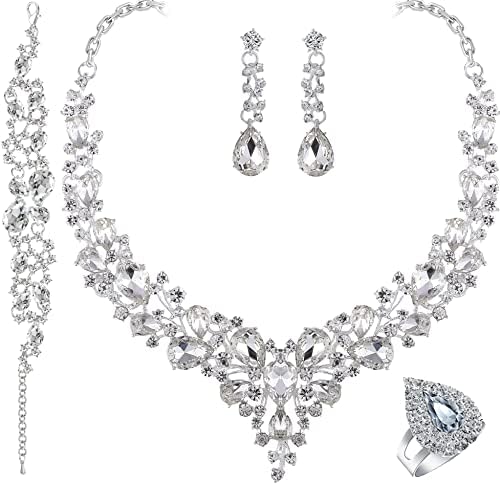 Conjuntos de jóias de casamento de casamento de cristal paxuan para mulheres strass rungodes de cristal de cristal colar brincos de coloca de link link Bracelets anéis