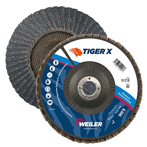 Weiler 51215 Tiger x Flap Disc, Ceramic and Zirconia Alumina, Angulado, Backing Fenólico, 36 Grit, 7 , 7/8 Arbor Hole,