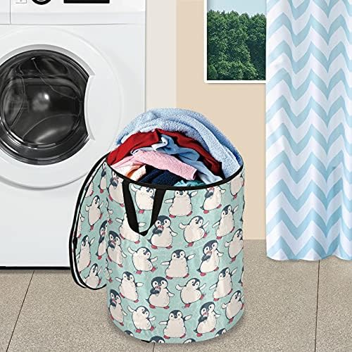 Pinguins fofos cesto de lavanderia com tampa de cesta de armazenamento dobrável bolsa de lavanderia dobrável para camping hotel dormitório