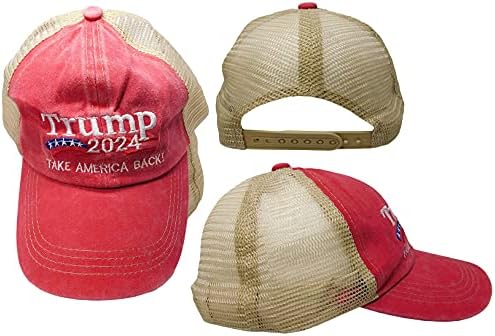 Trump 2024 Leve a América de volta! Caminhão de malha lavada vermelha poliéster ajustável bordado chapéu de tampa bordado