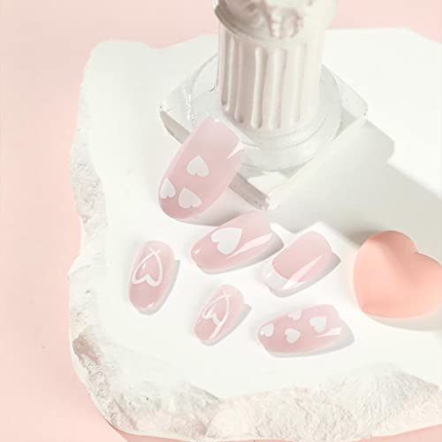 Rikview White Press On Nails Medium Acrílico Nails Pink Almond Fake Unhas com Design de coração pregos brilhantes para
