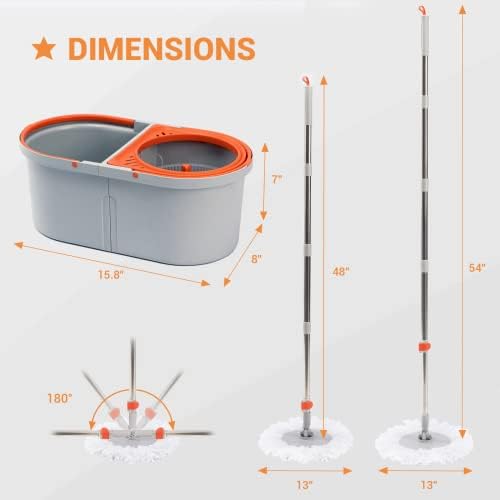 Worthland Spin Mop para limpeza de piso com 4 cabeças de esfregar microfibra reutilizáveis, 2 em 1 MOP e balde com