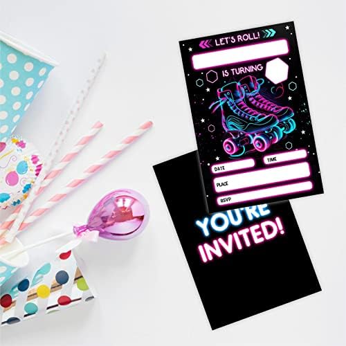 Vamos rolar! Convites de aniversário, cartões de convite para festa de aniversário de neon Glow （20 contagem) com envelopes, preencha