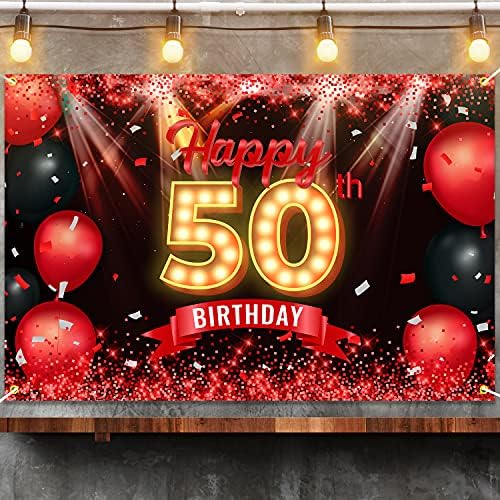 Feliz Banner de 50º aniversário, pano de fundo vermelho e preto de 50 anos de idade, decorações de aniversário para homens, materiais de fotografia, suprimentos de festas glitter