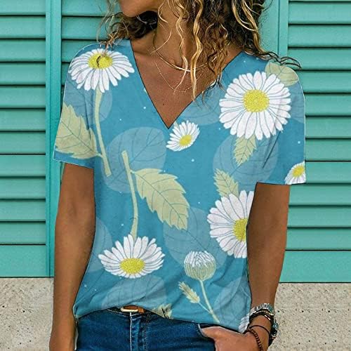 Tops de verão para mulheres, margarida feminina impressa camiseta casual decote em vshirt curto camiseta de túnica de camiseta