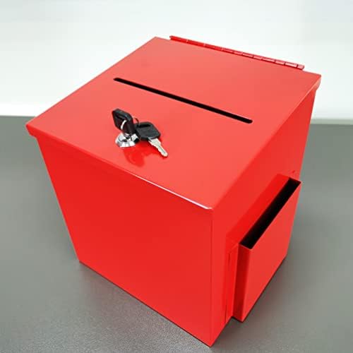 FixtUledisplays® Red Metal Donation Caixa de sugestões de dízimos de oferta com caixa de sinal 8.5x8.1x18 11573Red
