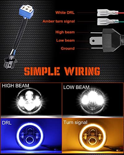 UNI-Shine 7 polegadas Blue Halo LED FARÇO HI/LO BEAM COM AMBER Turn Signal Drl +Turn Signal Lights Lens Amber PAKING