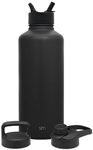 Garrafa de água moderna simples com palha, alça e tampa de tampa de batida de pálpebra, garrafas térmicas de metal de aço inoxidável de aço | Big Faks Proof BPA Free Sports Flask | Coleção do Summit | 84oz, preto da meia -noite