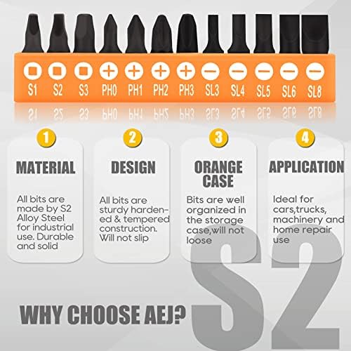 Conjunto de bits de fenda de 12 pacote AEJ, conjunto de bits de driver de phillips com fenda quadrada, 1/4 de haste hexadecimal, aço S2, conjunto de brocas de 1 de comprimento