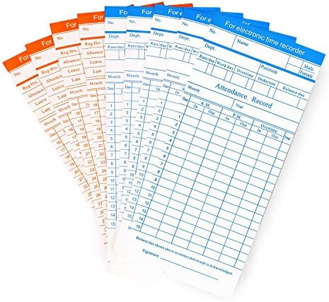 Cartões de tempo Flexzion, quadro de tempo mensal, relógio Timecard - 100 pacote, 6 coluna de 2 lados laranja/azul, cartão para