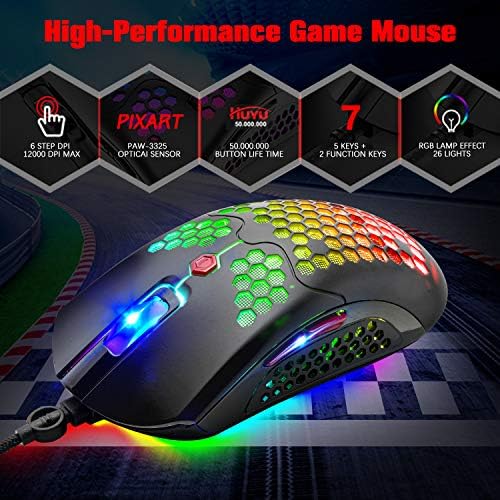 Felicon Wired Mouse de jogos leves, PAW3325 12000DPI Camundongos de retroiluminamento de iluminação rgb com 7 botões Programáveis