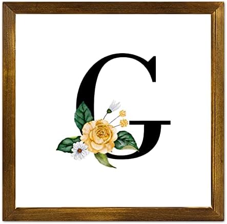 LuckLuccy letra inicial G Sinais de madeira Monograma Girassol floral Floral Butterfly Placas de madeira emolduradas Decoração de