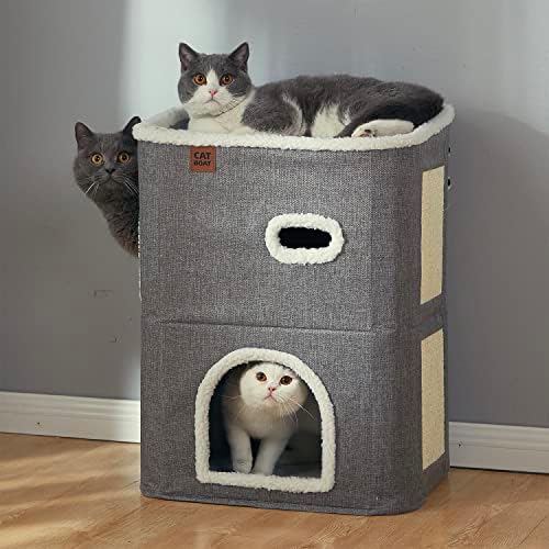 Catboat 2 andares House para a cama de gatos internos, camas de caverna e móveis cobertos de gatos com almofada de arranhões