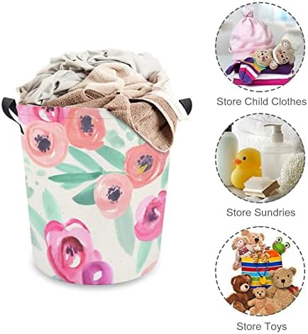 Cesta de lavanderia rosa aquarela floral cesto de lavanderia com alças Saco de armazenamento de roupas sujas dobráveis