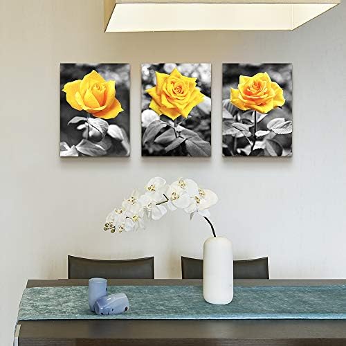 Arte de parede de lona para quarto Decoração de parede da sala da sala para a cozinha Fotos Fotos de arte Printuras de flores de rosa amarelo preto e branco 12 x 16 3 peças emolduradas decorações modernas de escritório