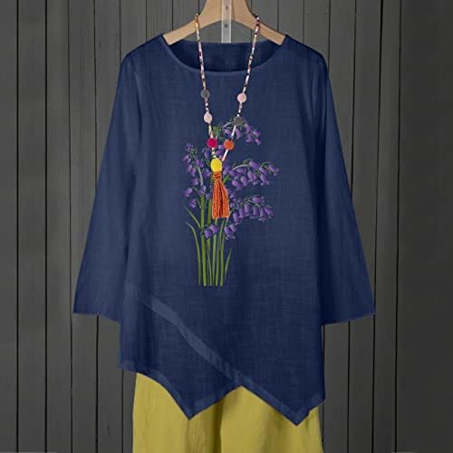Linho de algodão feminino top irregular e largo versátil manga longa de colagem de pescoço camiseta casual blusas de estampa floral