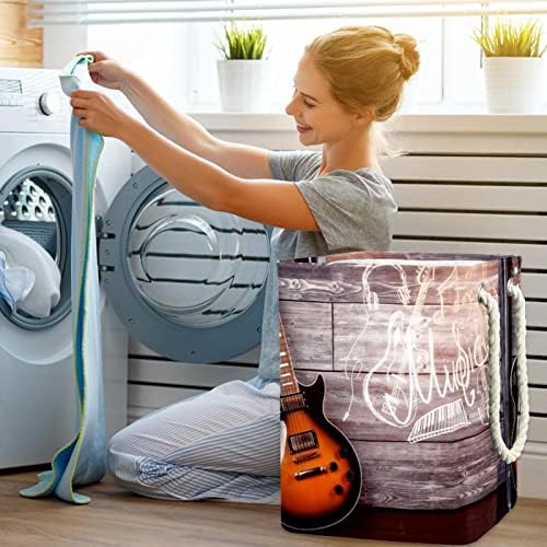 Art Vista frontal do cesto de lavanderia grande de guitarra com alça de transporte fácil, cesta de lavanderia dobrável à prova