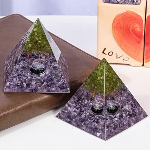 AMOGEELI PERIDOT CRISTALE DA VIDA Orgone Pirâmide de Cristal com Esfera de Vidro, Pirâmide de Orgonita de Pedra de Cura para Meditação Reiki Yoga Decoração em casa