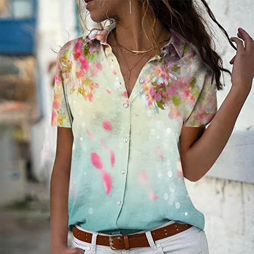 Camisa com mangas moda feminina manga curta com botão de bolso camiseta casual blusa de blusa de botão