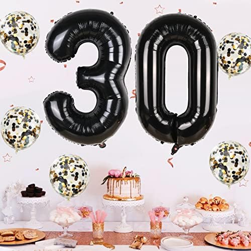 Número preto de 30 balões, número 30 balões, 40 polegadas pretas de 30º aniversário balões com balão de confete, decorações de aniversário de 30 anos para meninas, balão de 30 anos para o aniversário da festa de aniversário