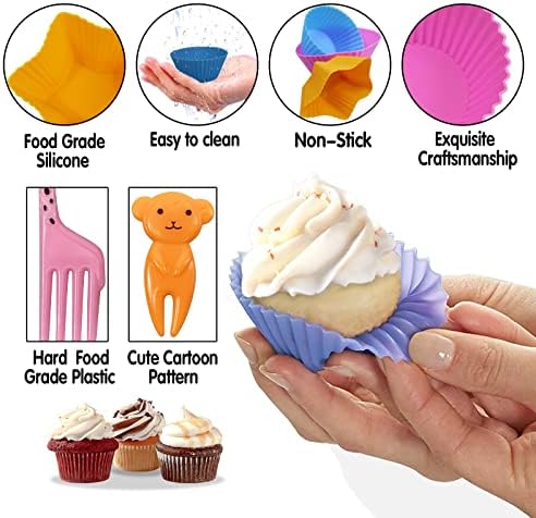 Divisores de lancheiras de silicone wsmelon para crianças, 24 PCs divisores de caixa de bento com 10 palhetas de comida de animal, inserções de caixa de silicone bento, copos de assadeira de cupcak