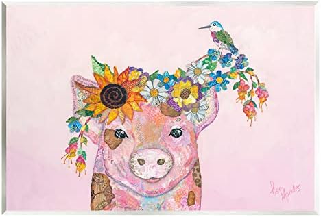 Stuell Industries Floral Pink Little Piggy & Bird Animal Collage Arte da parede de madeira, design de Lisa Morales