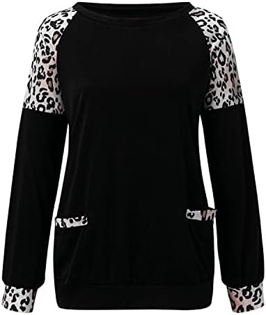 Jinf feminino V pescoço de leopardo costura tops-patchwork blusa camiseta de manga longa blusa com bolsos