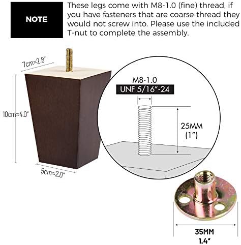 Pernas de mobília de madeira de 4 polegadas, conjunto La Vane de 4 pés de madeira quadrada de madeira maciça de meados