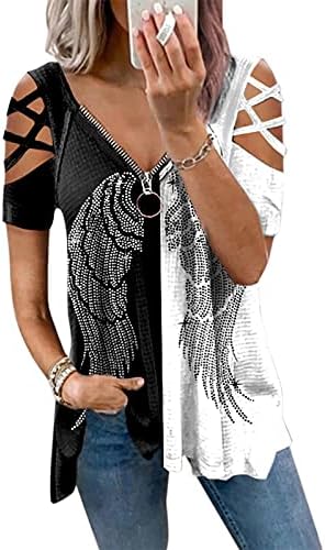 Uikmnh Long Long Fold ombro de verão camiseta zíper camisadas de anjo asas de manga curta camisa de manga curta