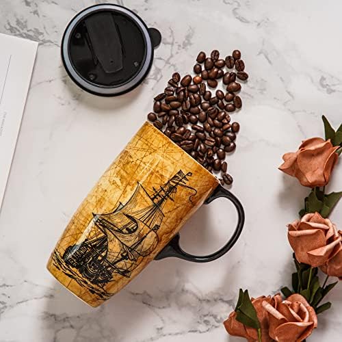 Presente de caneca de café em cerâmica TopArorn para casa e escritório, 17oz. Porcelana Latte Travel Cup com tampa e caixa colorida, caneca de chá de arte de veleiro com alça, 6,5 h