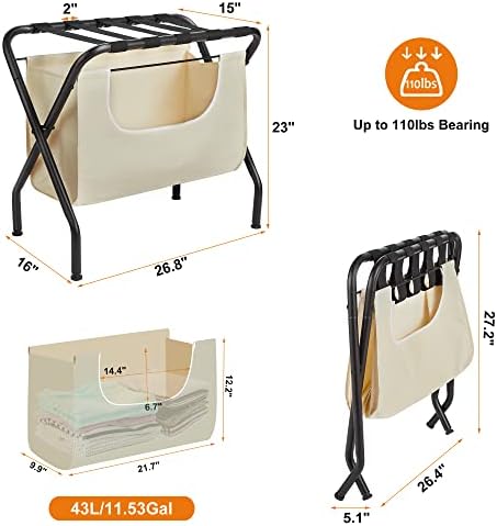 Elyken 2 Pack Bagage Rack com bolsa de lavanderia, suporte de mala para economia de espaço dobrável para salas de