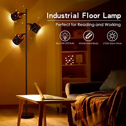 Lâmpada de piso industrial, lâmpada de árvore em pé para o quarto com 3 luzes ajustáveis, lâmpadas LED de 4W E12, lâmpada moderna